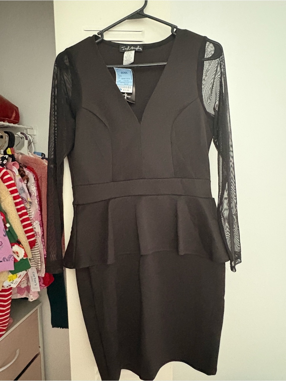 French Atmosphere Black Peplum Dress with Sheer Long Sleeves